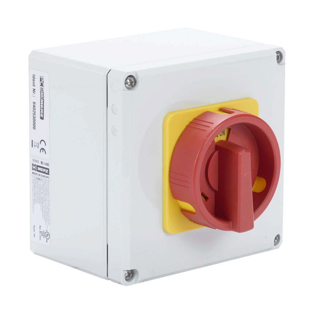 ML1-025-V-E01R - Merz rotary enclosed disconnect switch, load break capable, 3-pole, 600 VAC, 25A, 5kA SCCR, wall mount, UL 508 rated, 4.7 x 4.8 x 4.5in housing.