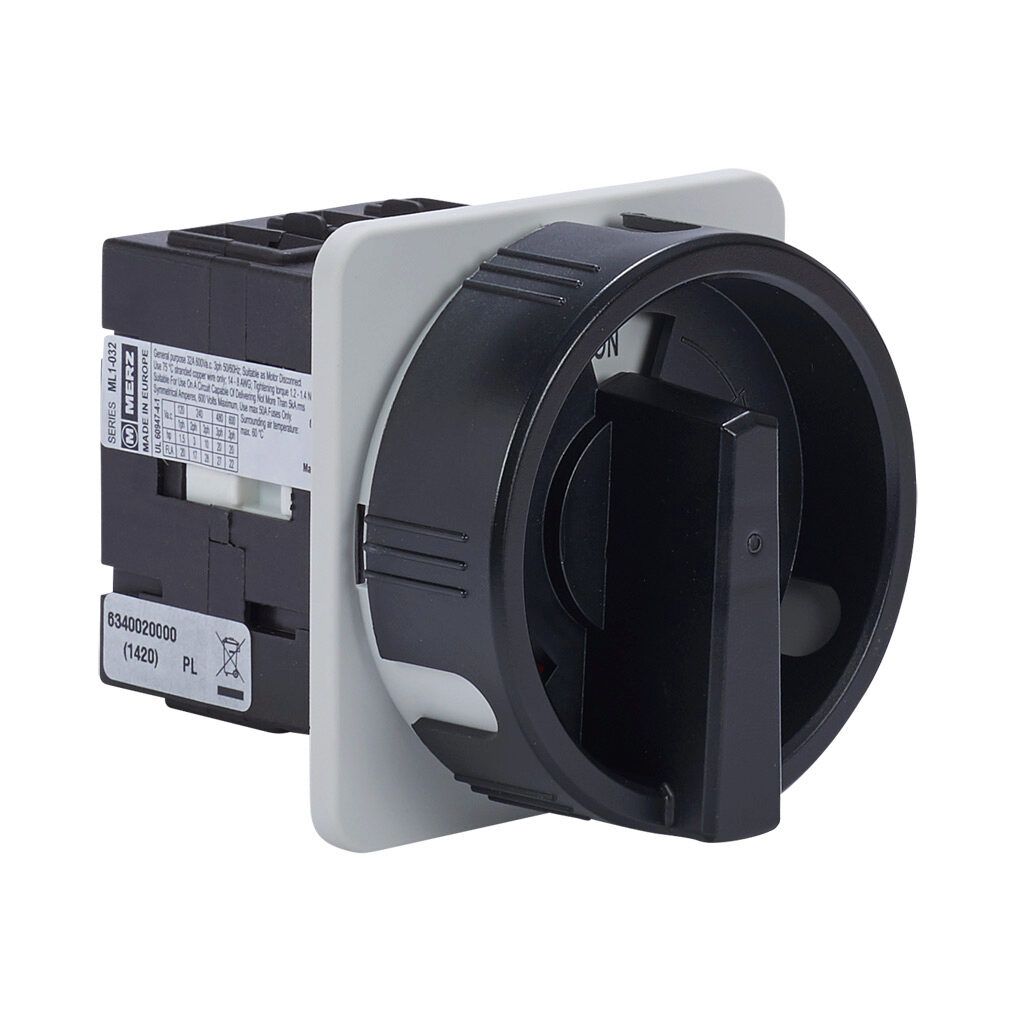 ML1-032-E-H03B - Merz rotary disconnect switch, load break capable, 3-pole, 600 VAC, 32A, 5kA SCCR, door mount, UL 508 rated, front operated. Hardware for 4-hole door mounting & lockable black/gray handle for use with NEMA 4/4X enclosures included.