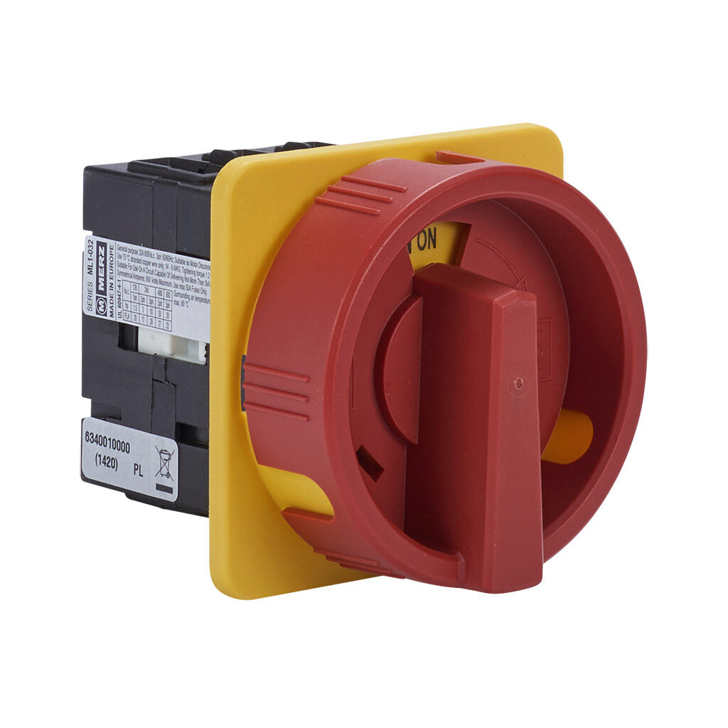 ML1-032-E-H03R - Merz rotary disconnect switch, load break capable, 3-pole, 600 VAC, 32A, 5kA SCCR, door mount, UL 508 rated, front operated. Hardware for 4-hole door mounting & lockable red/yellow handle for use with NEMA 4/4X enclosures included.