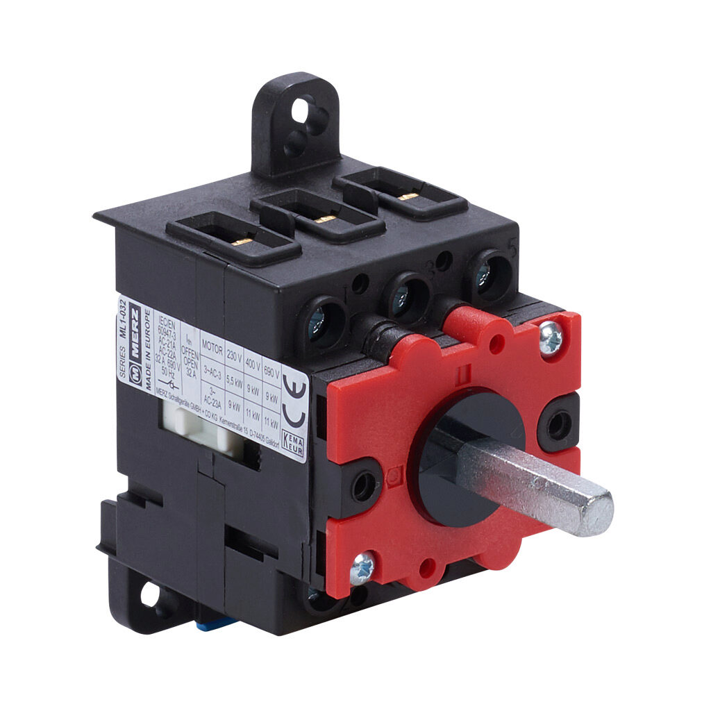 ML1-032-V-A01 - Merz manual motor controller, open, 32A, 600 VAC, 3-pole, 20hp, 35mm DIN rail or panel mount, UL 508 rated.
