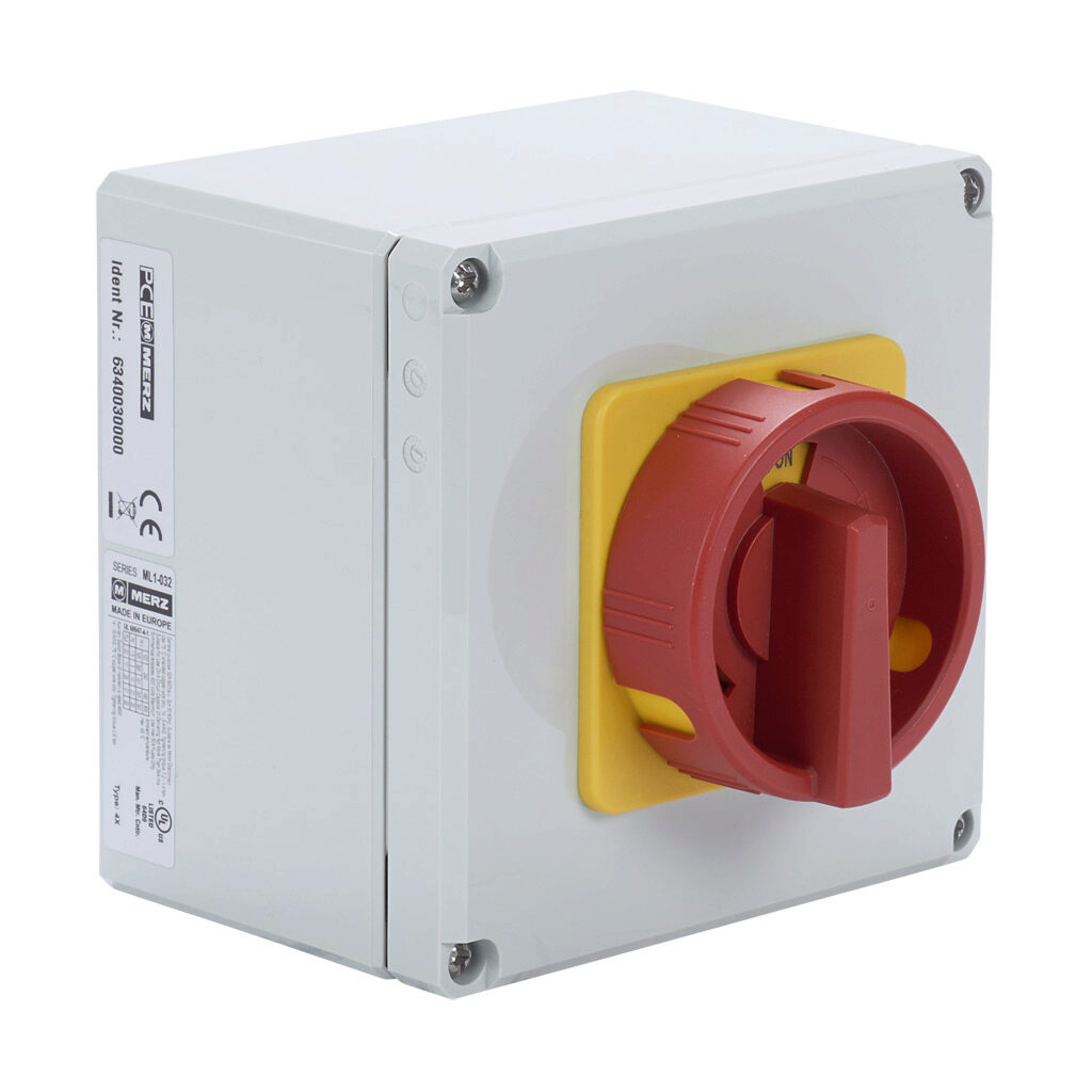 ML1-032-V-E01R - Merz rotary enclosed disconnect switch, load break capable, 3-pole, 600 VAC, 32A, 5kA SCCR, wall mount, UL 508 rated, 4.7 x 4.8 x 4.5in housing.