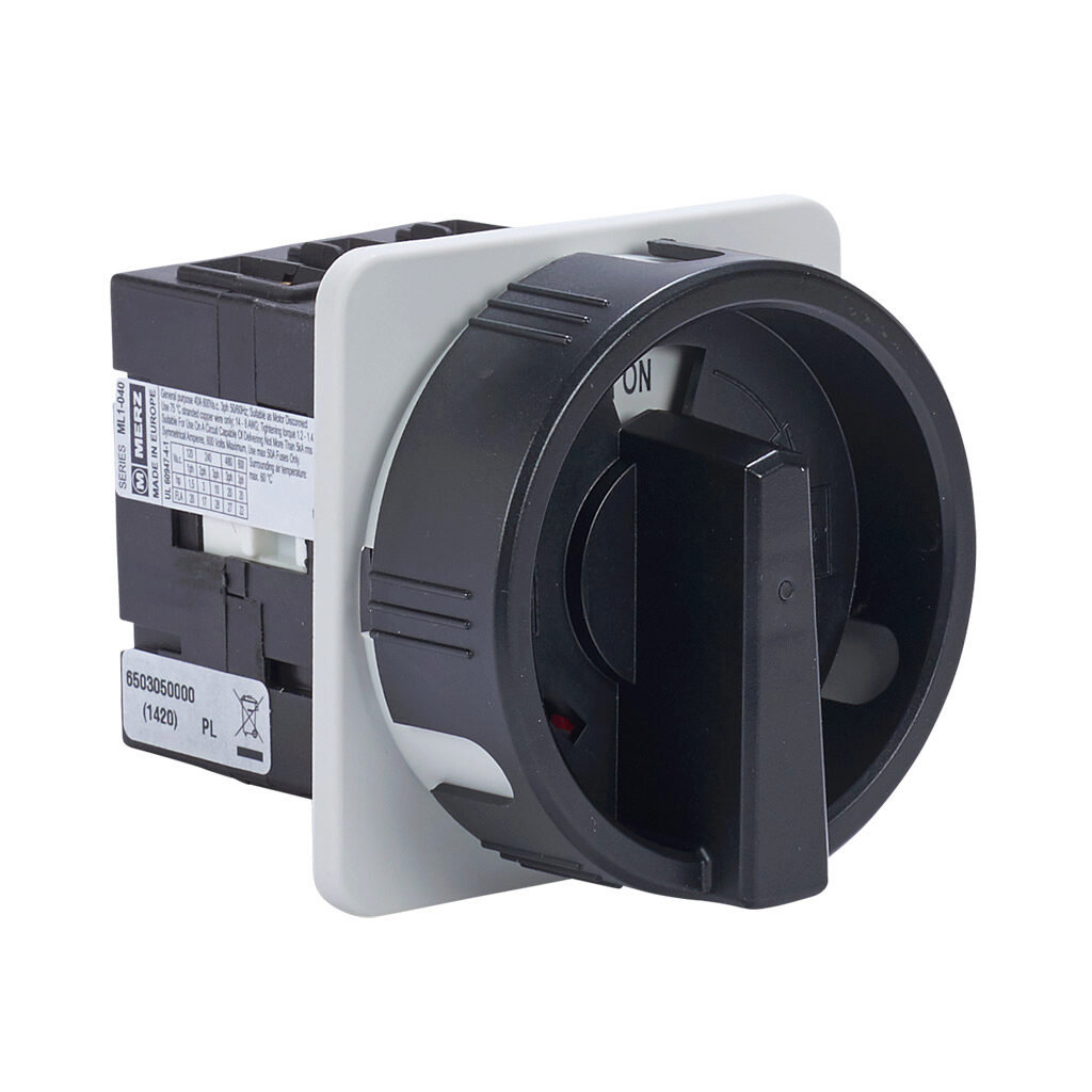 ML1-040-E-H03B - Merz rotary disconnect switch, load break capable, 3-pole, 600 VAC, 40A, 5kA SCCR, door mount, UL 508 rated, front operated. Hardware for 4-hole door mounting & lockable black/gray handle for use with NEMA 4/4X enclosures included.
