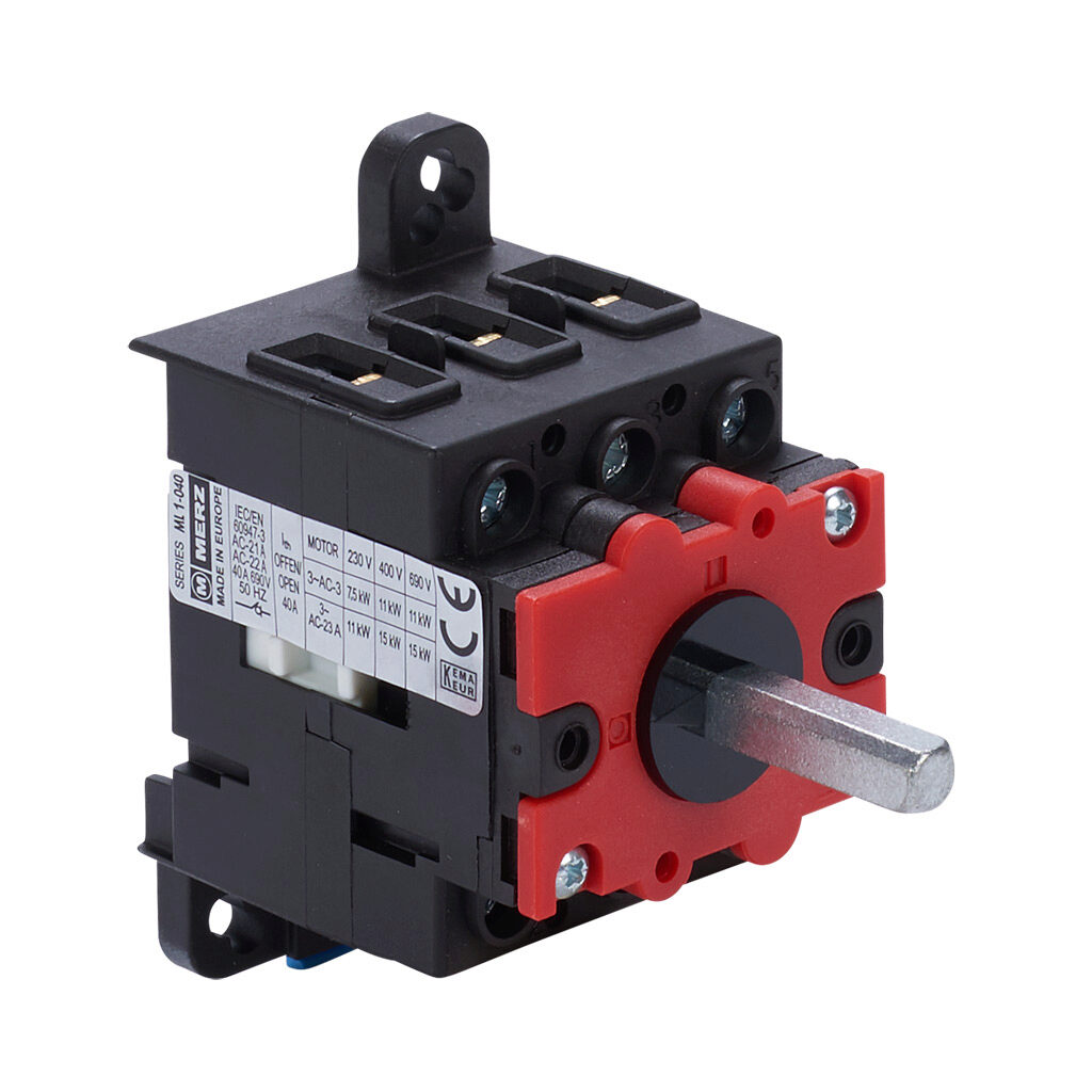 ML1-040-V-A01 - Merz manual motor controller, open, 40A, 600 VAC, 3-pole, 20hp, 35mm DIN rail or panel mount, UL 508 rated.