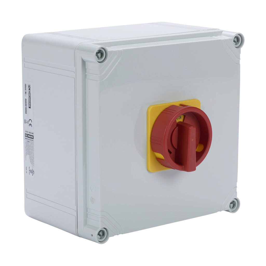 ML1-040-V-E02R - Merz rotary enclosed disconnect switch, load break capable, 3-pole, 600 VAC, 40A, 5kA SCCR, wall mount, UL 508 rated, 7.8 x 7.8 x 6.4in housing.