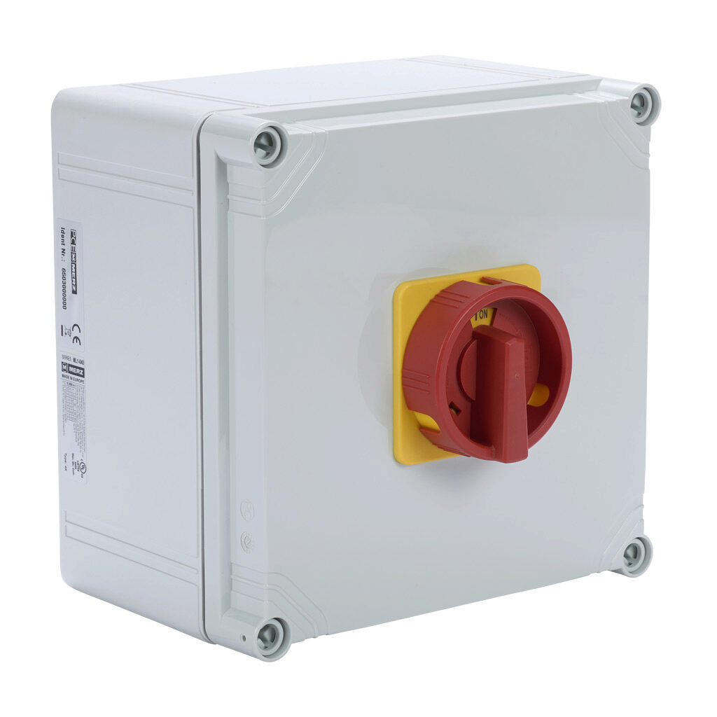 ML1-040-V-E04R - Merz rotary enclosed disconnect switch, load break capable, 3-pole, 600 VAC, 40A, 5kA SCCR, wall mount, UL 508 rated, 7.8 x 7.8 x 6.4in housing, switched neutral.