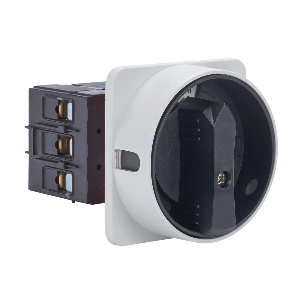 ML2-063-E-H04B - Merz rotary disconnect switch, load break capable, 3-pole, 600 VAC, 63A, 5kA SCCR, door mount, UL 508 rated, front operated. Hardware for 4-hole door mounting & lockable black/gray handle for use with NEMA 4/4X enclosures included.