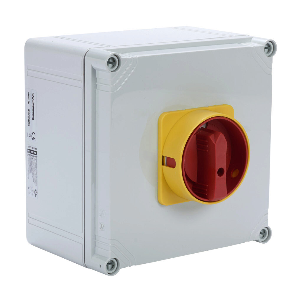 ML2-063-V-E05R - Merz rotary enclosed disconnect switch, load break capable, 3-pole, 600 VAC, 63A, 5kA SCCR, wall mount, UL 508 rated, 7.8 x 7.8 x 6.4in housing, switched neutral.