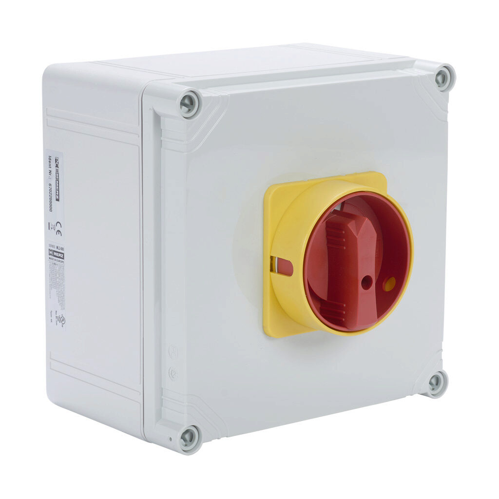 ML2-080-V-E03R - Merz rotary enclosed disconnect switch, load break capable, 3-pole, 600 VAC, 80A, 5kA SCCR, wall mount, UL 508 rated, 7.8 x 7.8 x 6.4in housing.