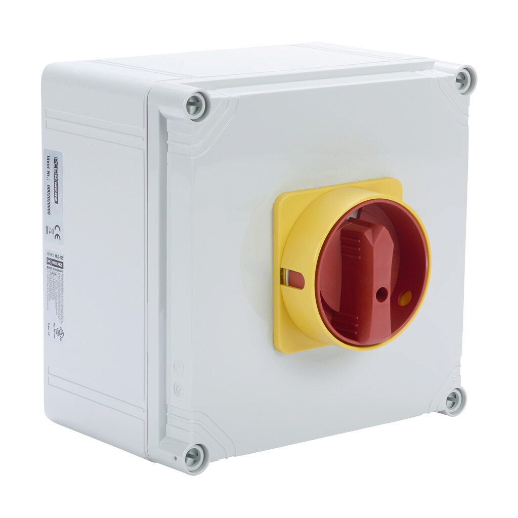 ML3-125-V-E03R - Merz rotary enclosed disconnect switch, load break capable, 3-pole, 600 VAC, 125A, 5kA SCCR, wall mount, UL 508 rated, 7.8 x 7.8 x 6.4in housing.