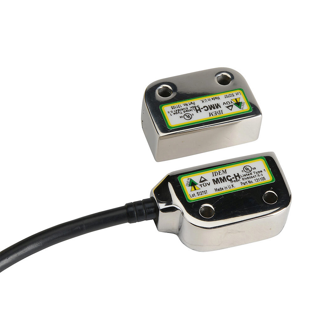MMC-H-131105 - IDEM safety switch set, non-contact coded magnetic, right exit mount, (2) N.C. safety output(s), (1) N.O. monitoring output(s), 316 stainless steel housing, 36 x 26mm, pigtail, 6.5ft/2m cable length.