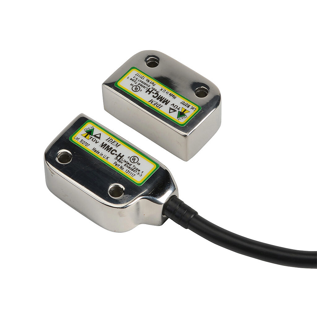 MMC-H-131117 - IDEM safety switch set, non-contact coded magnetic, left exit mount, (2) N.C. safety output(s), (1) N.O. monitoring output(s), 316 stainless steel housing, 36 x 26mm, pigtail, 6.5ft/2m cable length.