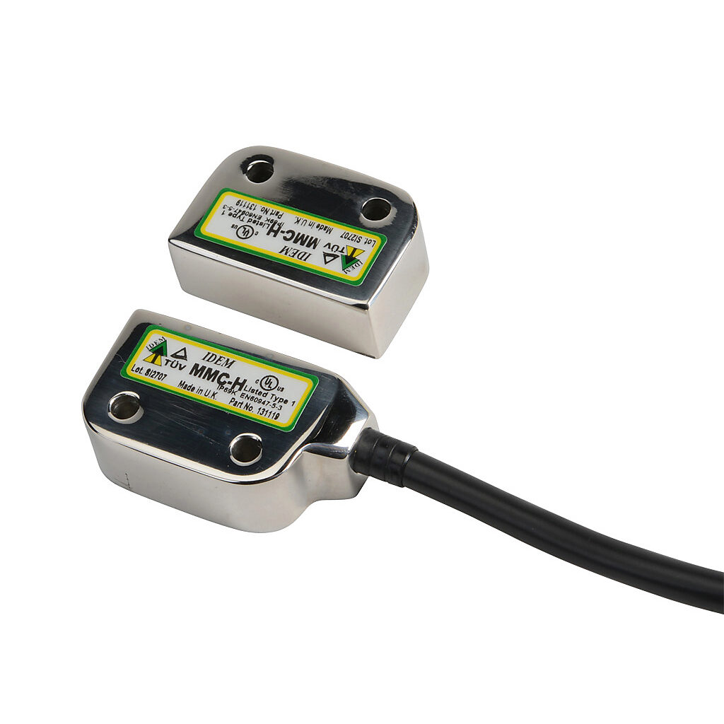 MMC-H-131119 - IDEM safety switch set, non-contact coded magnetic, left exit mount, (2) N.C. safety output(s), (1) N.O. monitoring output(s), 316 stainless steel housing, 36 x 26mm, pigtail, 32.8ft/10m cable length.