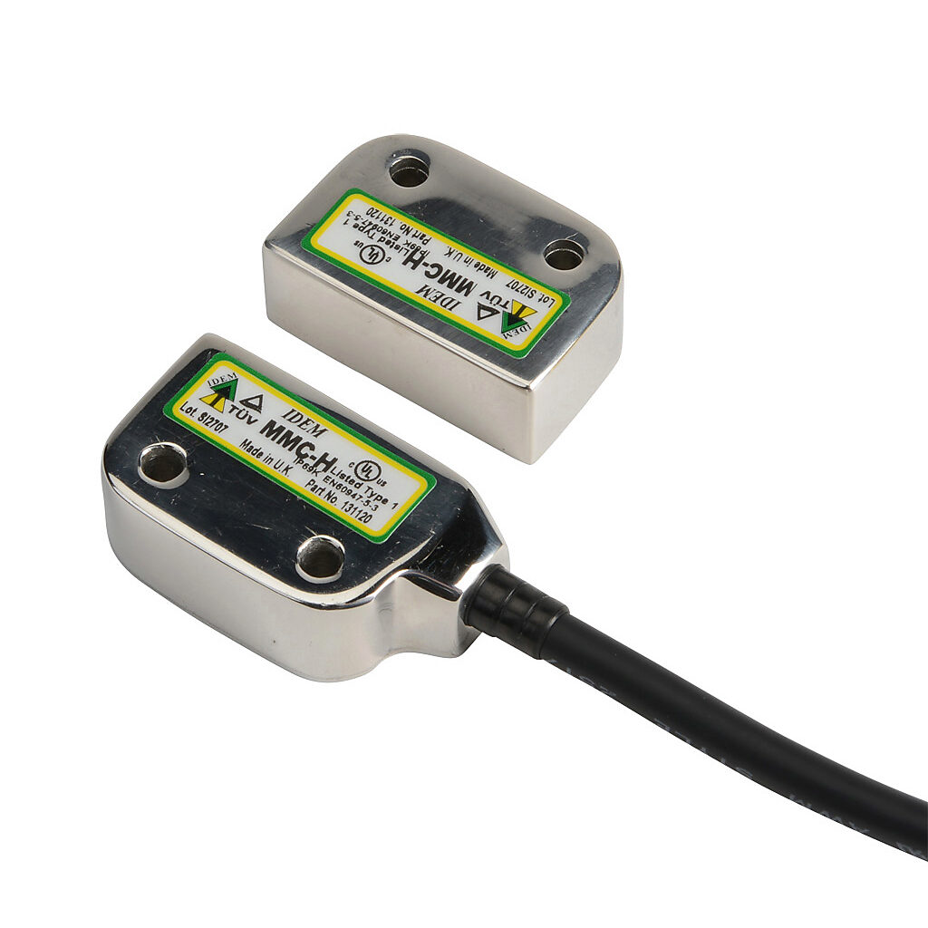 MMC-H-131120 - IDEM safety switch set, non-contact coded magnetic, left exit mount, (2) N.C. safety output(s), (1) N.O. monitoring output(s), 316 stainless steel housing, 36 x 26mm, 8-pin M12 quick-disconnect, 9.8in/250mm cable length.