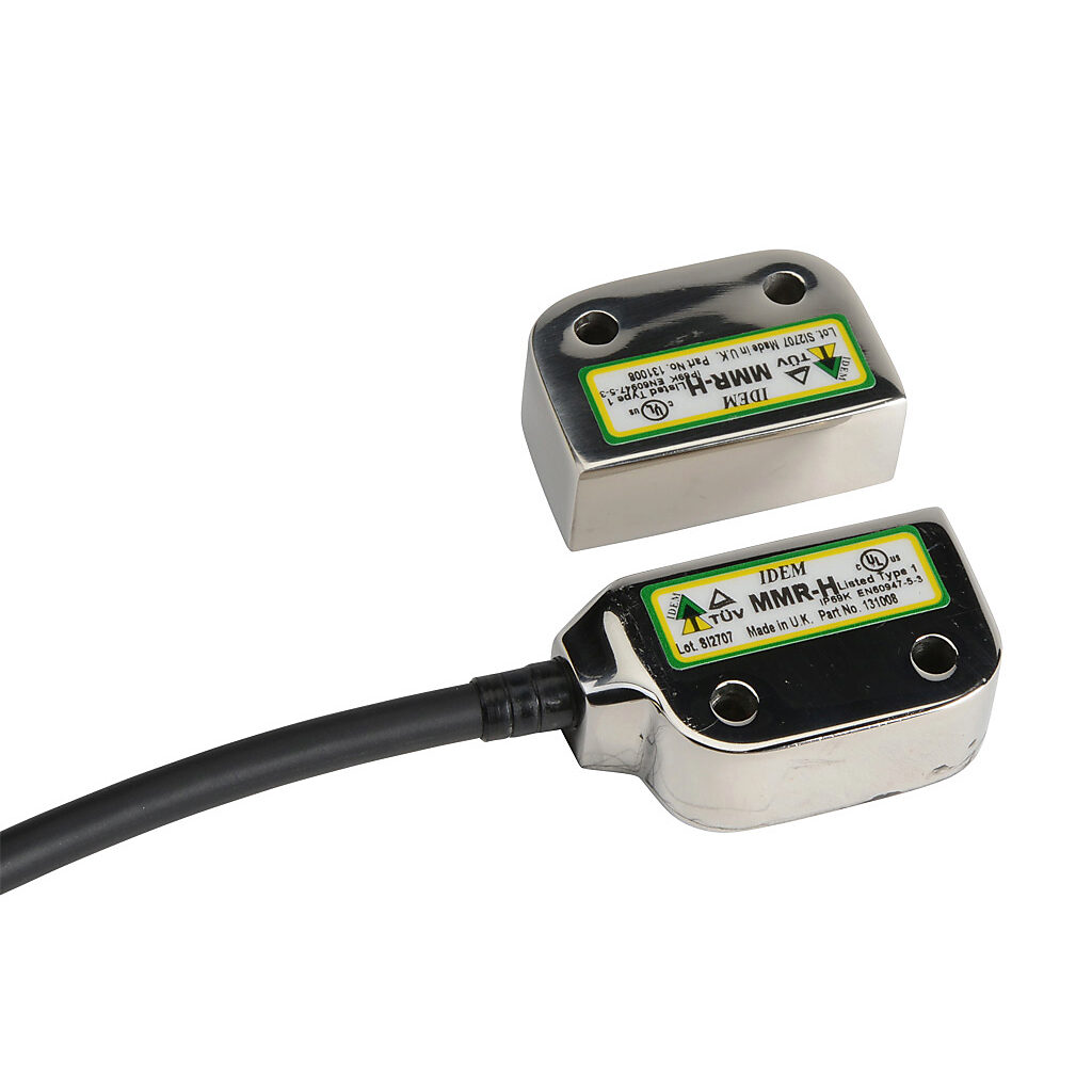 MMR-H-131008 - IDEM safety switch set, non-contact magnetic, right exit mount, (2) N.C. safety output(s), (1) N.O. monitoring output(s), 316 stainless steel housing, 36 x 26mm, 8-pin M12 quick-disconnect, 9.8in/250mm cable length.