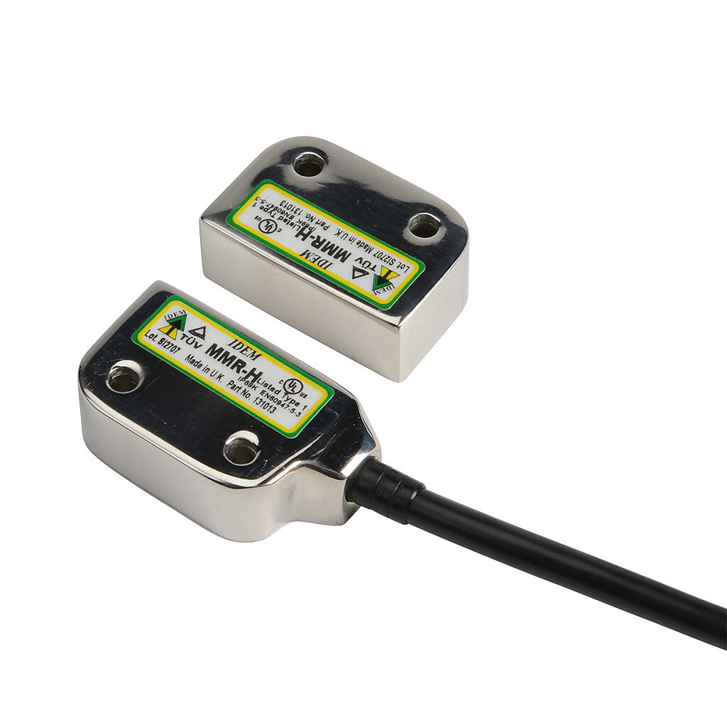 MMR-H-131013 - IDEM safety switch set, non-contact magnetic, left exit mount, (2) N.C. safety output(s), (1) N.O. monitoring output(s), 316 stainless steel housing, 36 x 26mm, pigtail, 6.5ft/2m cable length.