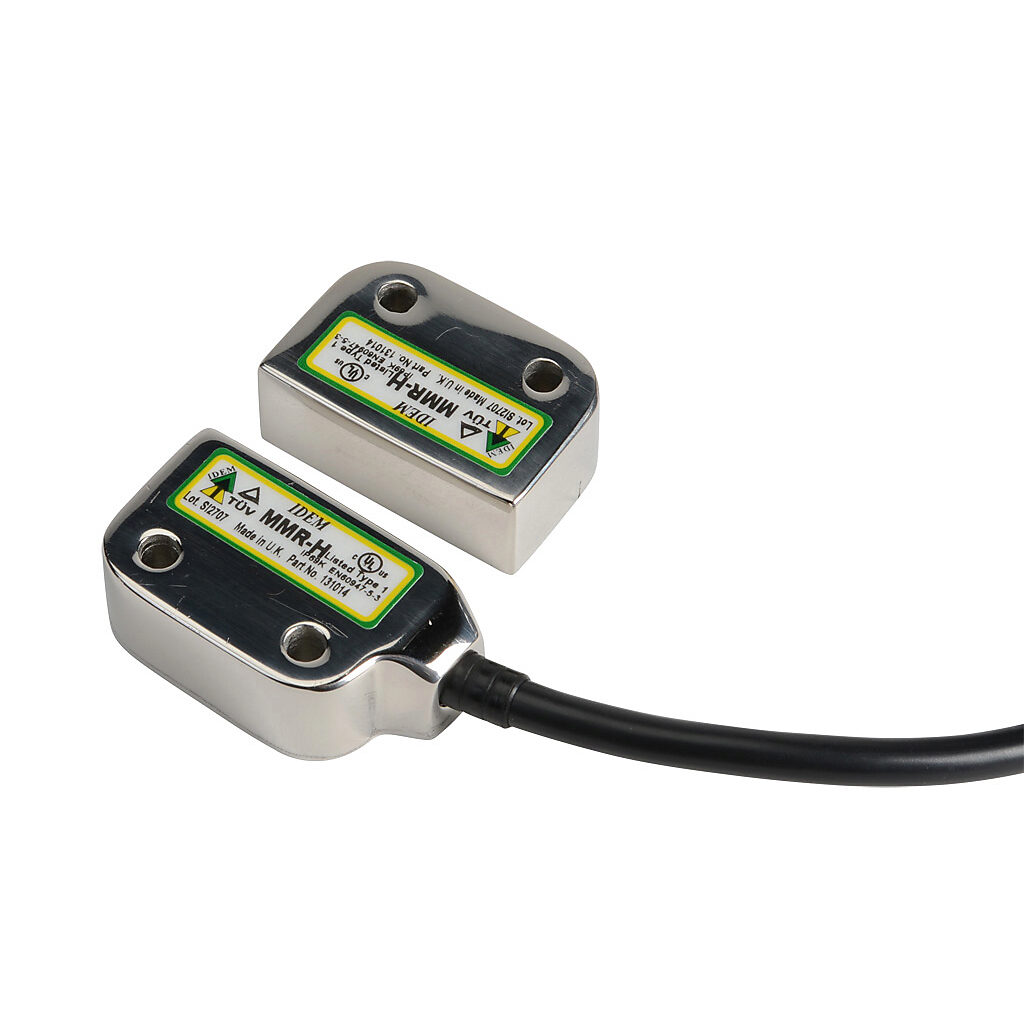 MMR-H-131014 - IDEM safety switch set, non-contact magnetic, left exit mount, (2) N.C. safety output(s), (1) N.O. monitoring output(s), 316 stainless steel housing, 36 x 26mm, pigtail, 16.4ft/5m cable length.