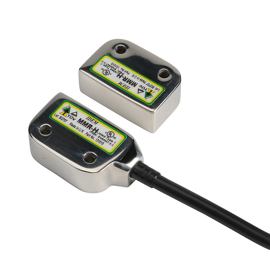MMR-H-131015 - IDEM safety switch set, non-contact magnetic, left exit mount, (2) N.C. safety output(s), (1) N.O. monitoring output(s), 316 stainless steel housing, 36 x 26mm, pigtail, 32.8ft/10m cable length.
