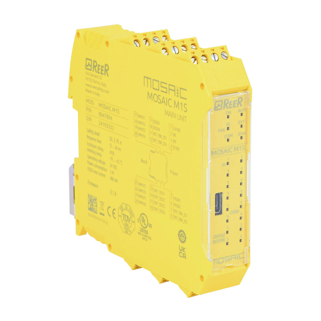 MOSAIC-M1S-USBC - ReeR MOSAIC enhanced master safety controller, (8) digital safety input(s), (4) Single or (2) pair OSSD safety output(s), (4) EDM/(re)start or output status configurable I/O, pluggable screw terminals.