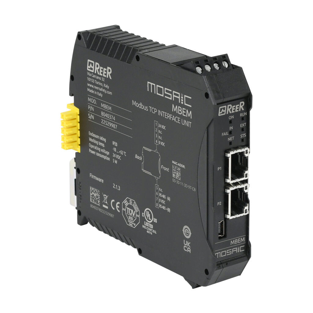 MOSAIC-MBEM - ReeR MOSAIC communication module, Modbus TCP, 2 ports, (2) Ethernet (RJ45) port(s). For use with MOSAIC-M1 and MOSAIC-M1S safety controllers. Bus connector included.