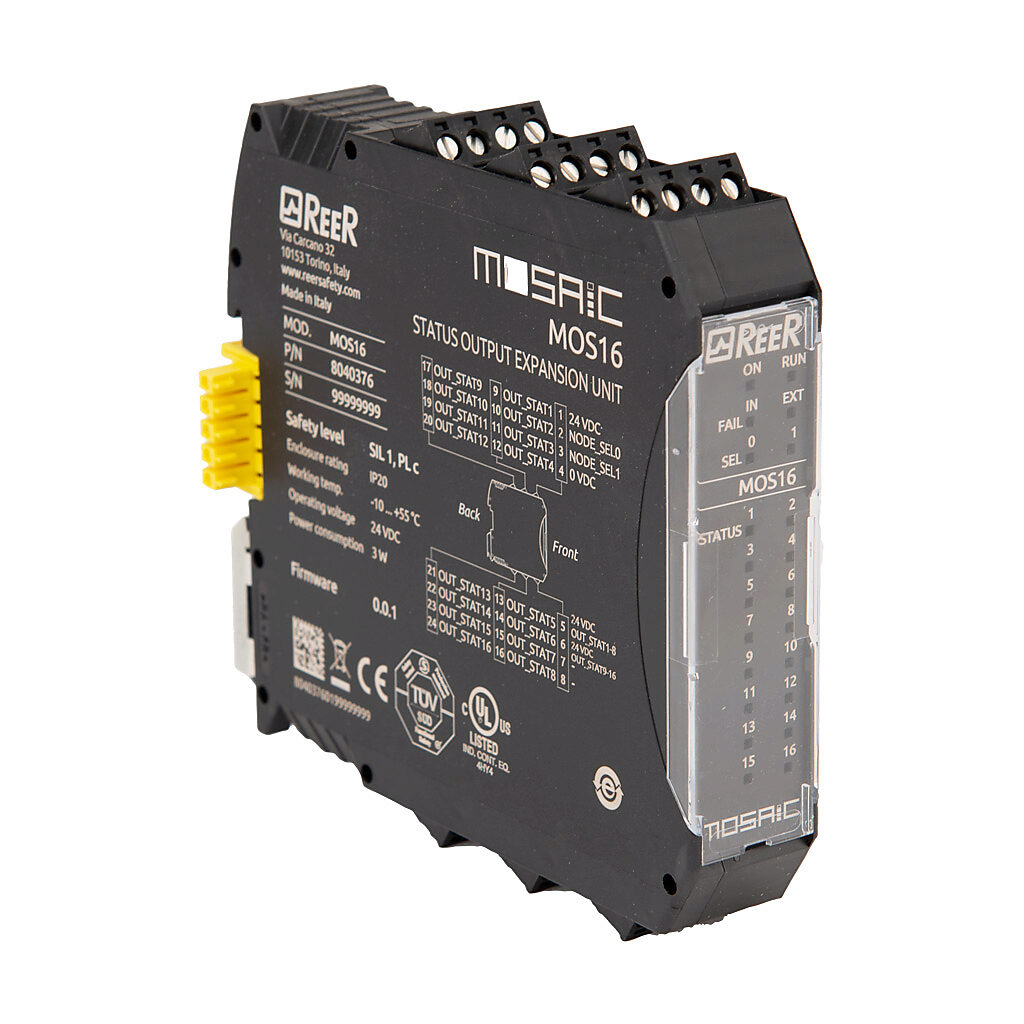 MOSAIC-MOS16 - ReeR MOSAIC status expansion module, (16) status monitoring output(s), pluggable screw terminals. For use with MOSAIC-M1 and MOSAIC-M1S safety controllers.