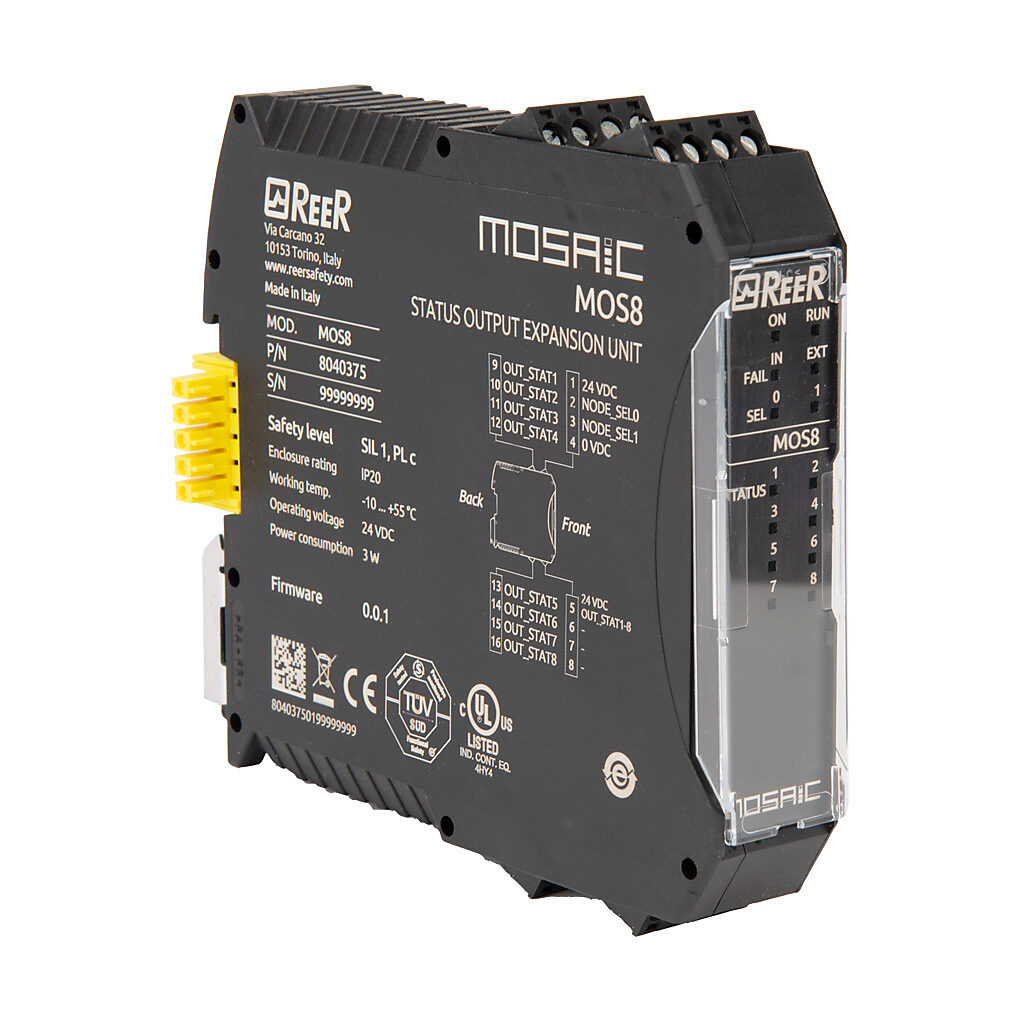 MOSAIC-MOS8 - ReeR MOSAIC status expansion module, (8) status monitoring output(s), pluggable screw terminals. For use with MOSAIC-M1 and MOSAIC-M1S safety controllers.