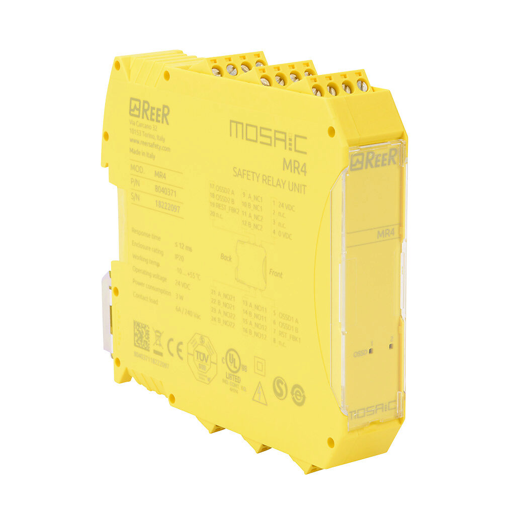 MOSAIC-MR4 - ReeR MOSAIC safety relay extension module, (4) N.O. safety output(s), (2) N.C. monitoring output(s), pluggable screw terminals.