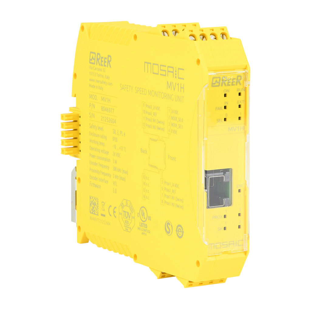 MOSAIC-MV1H - ReeR MOSAIC safety expansion module, (1) HTL incremental (push-pull) encoder input, (2) proximity sensor input(s), pluggable screw terminals. For use with MOSAIC-M1 and MOSAIC-M1S safety controllers.
