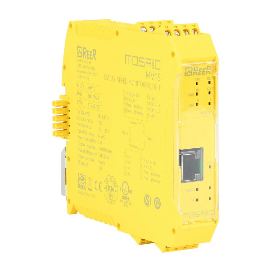 MOSAIC-MV1S - ReeR MOSAIC safety expansion module, (1) SIN/COS incremental encoder input, (2) proximity sensor input(s), pluggable screw terminals. For use with MOSAIC-M1 and MOSAIC-M1S safety controllers.