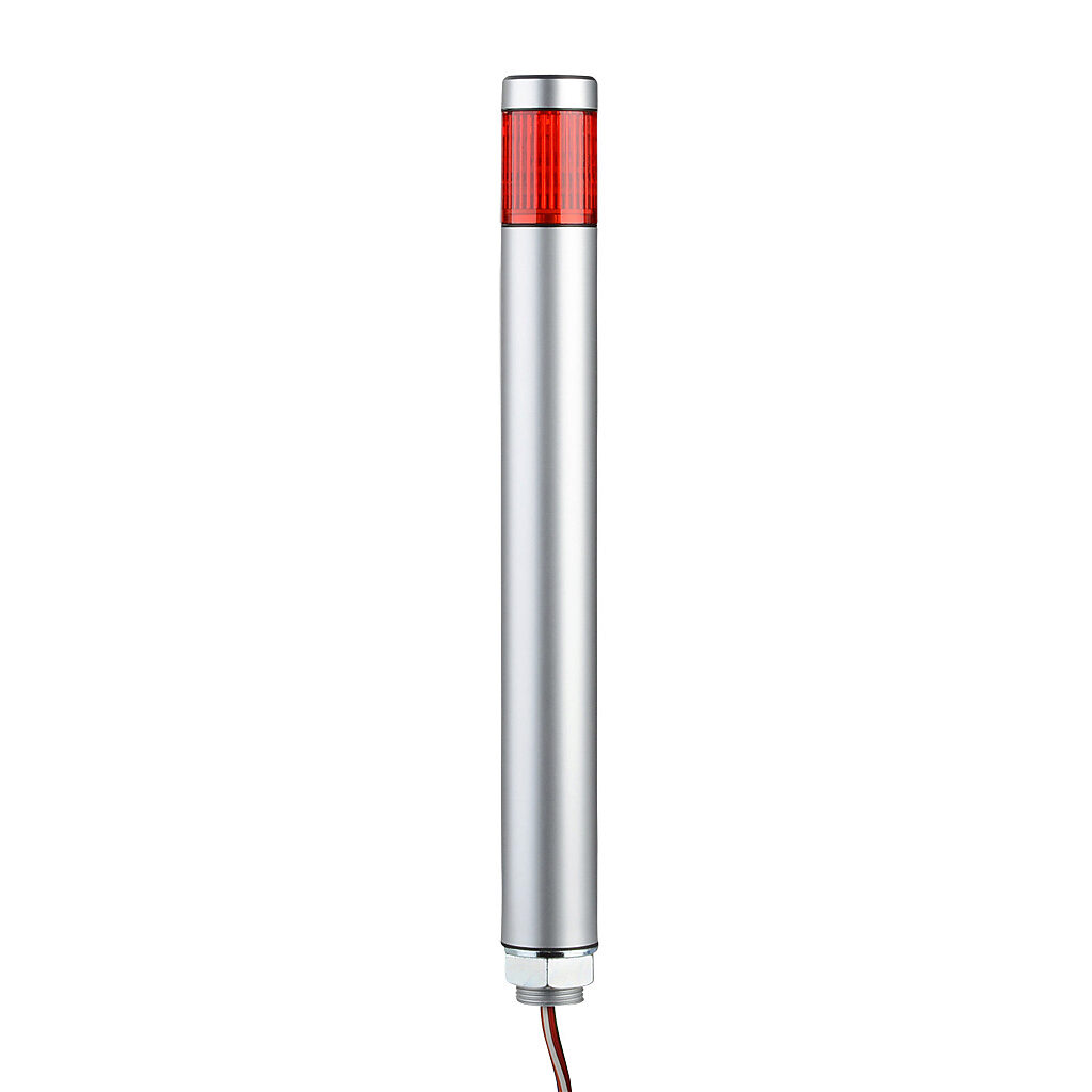 MP-102-R - Patlite LED signal tower, (1) tier, 30mm diameter, red, permanent light function, 24 VAC/VDC, NPN/PNP polarity, colored lens, 220mm body length, silver, 360 degree viewing angle, base mount, IP65.