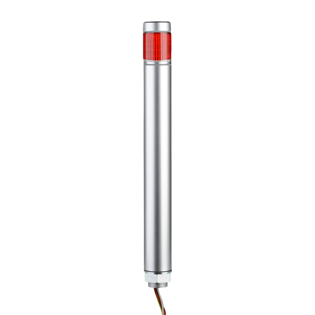MP-102-RZ - Patlite LED signal tower, (1) tier, 30mm diameter, red, permanent light function, 24 VAC/VDC, NPN/PNP polarity, clear lens, 220mm body length, silver, 360 degree viewing angle, base mount, IP65.