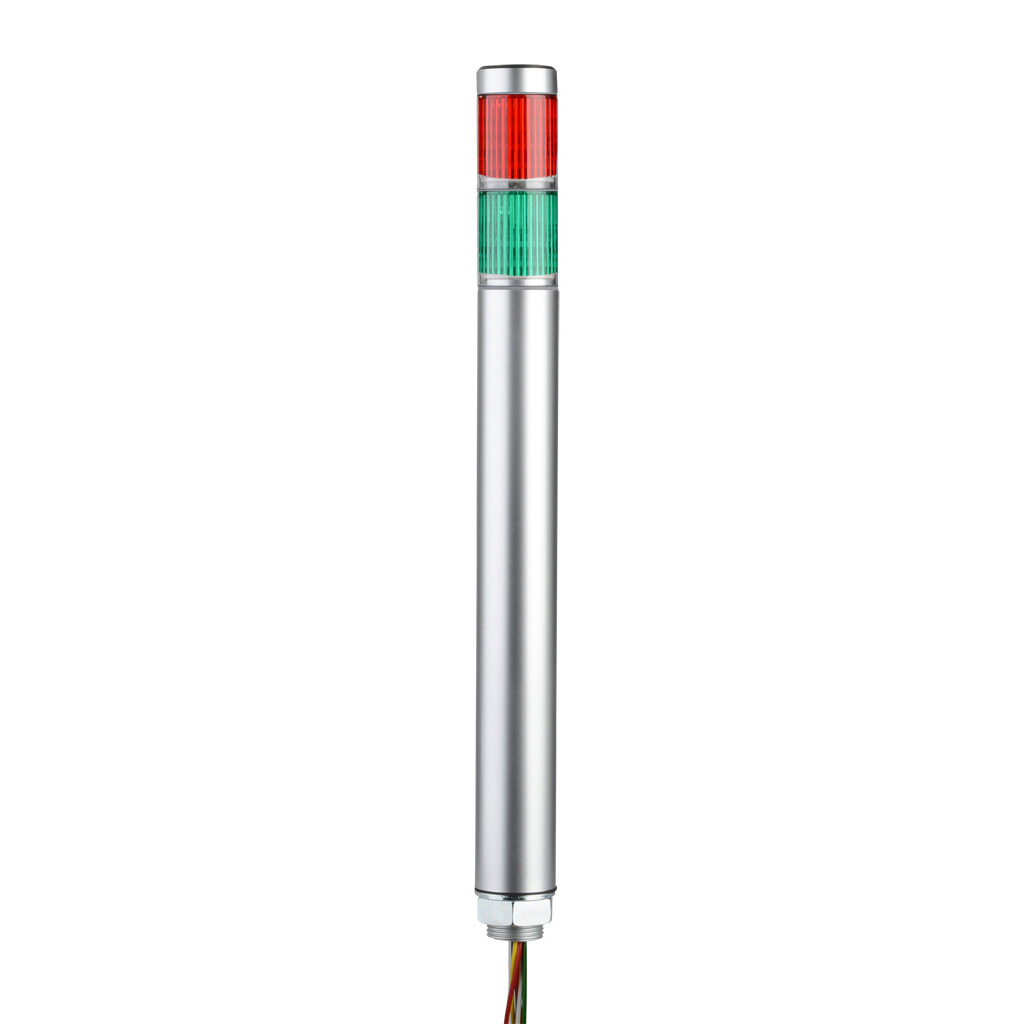 MP-202-RGZ - Patlite LED signal tower, (2) tiers, 30mm diameter, red/green, permanent light function, 24 VAC/VDC, NPN/PNP polarity, clear lens, 220mm body length, silver, 360 degree viewing angle, base mount, IP65.