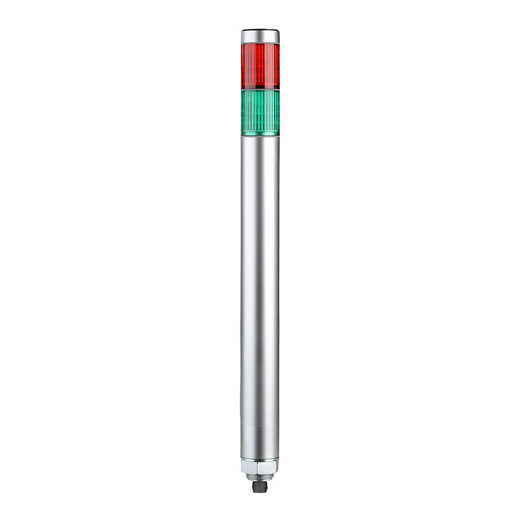 MP-202C-RG - Patlite LED signal tower, (2) tiers, 30mm diameter, red/green, permanent light function, 24 VDC, NPN/PNP polarity, colored lens, 244mm body length, silver, 360 degree viewing angle, base mount, IP65.