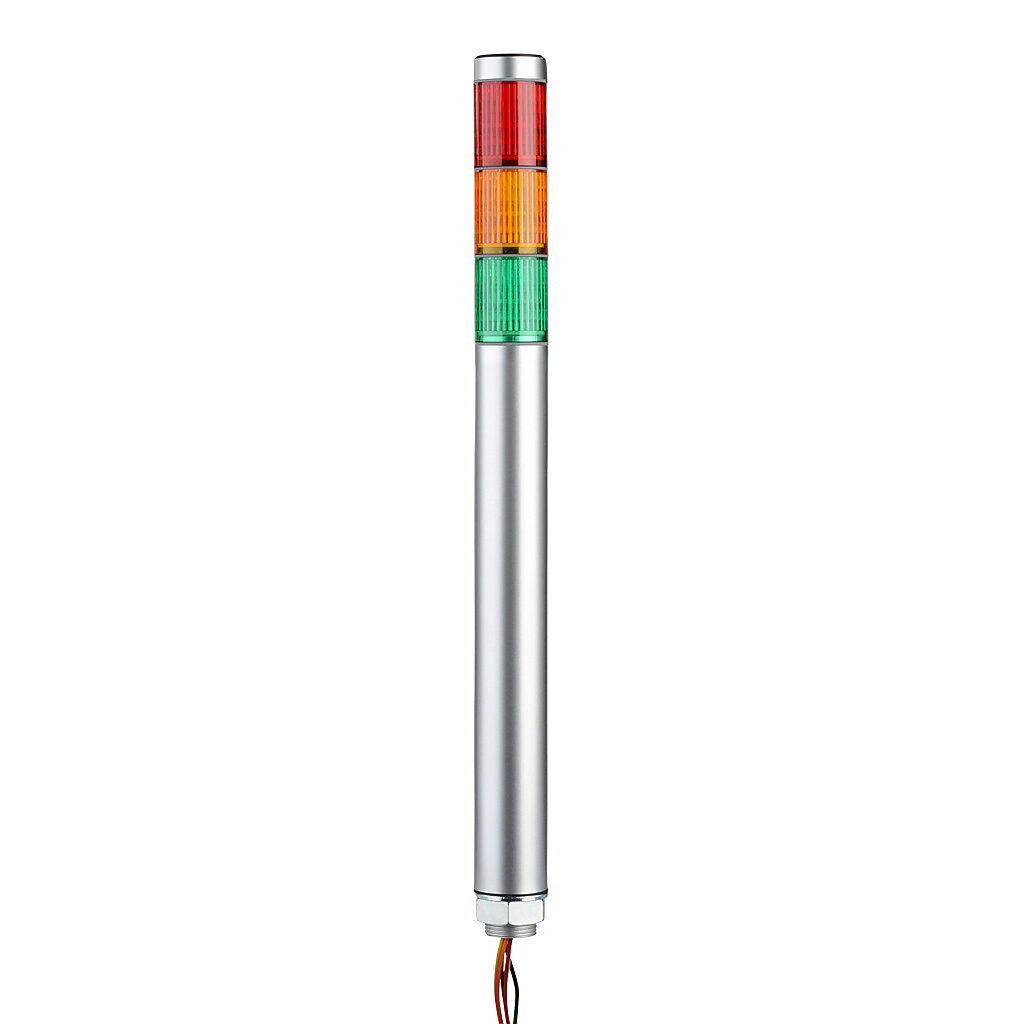 MP-302-RYG - Patlite LED signal tower, (3) tiers, 30mm diameter, red/amber/green, permanent light function, 24 VAC/VDC, NPN/PNP polarity, colored lens, 220mm body length, silver, 360 degree viewing angle, base mount, IP65.