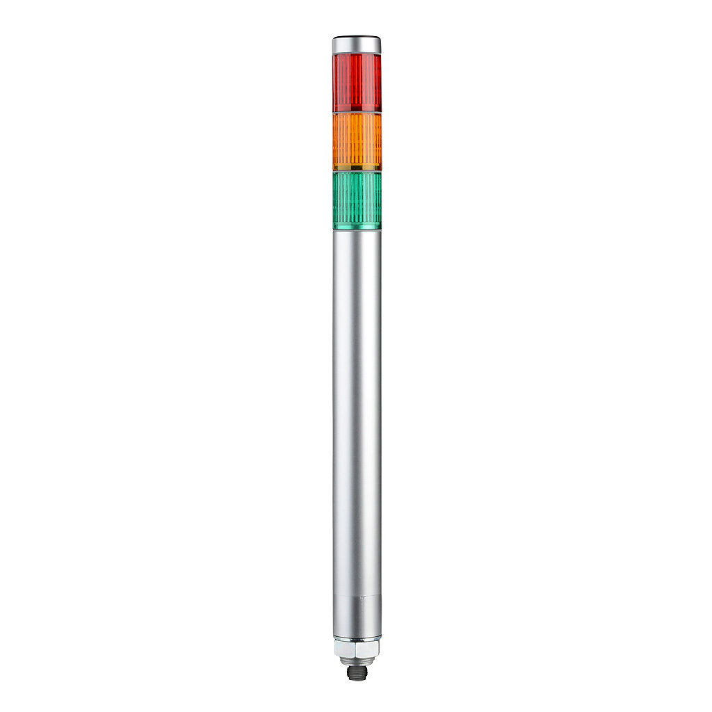 MP-302C-RYG - Patlite LED signal tower, (3) tiers, 30mm diameter, red/amber/green, permanent light function, 24 VDC, NPN/PNP polarity, colored lens, 244mm body length, silver, 360 degree viewing angle, base mount, IP65.