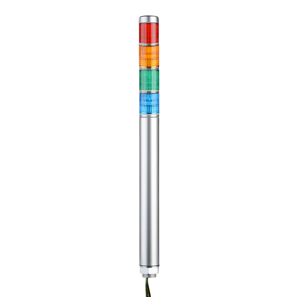 MP-402-RYGBZ - Patlite LED signal tower, (4) tiers, 30mm diameter, red/amber/green/blue, permanent light function, 24 VAC/VDC, NPN/PNP polarity, clear lens, 220mm body length, silver, 360 degree viewing angle, base mount, IP65.