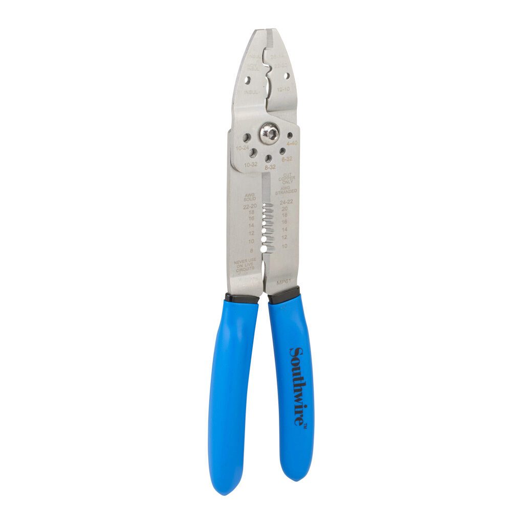MP61 - Southwire multi-purpose crimping pliers, multiple profile, 22-10 AWG capacity, compatible with insulated and non-insulated terminals and connectors.