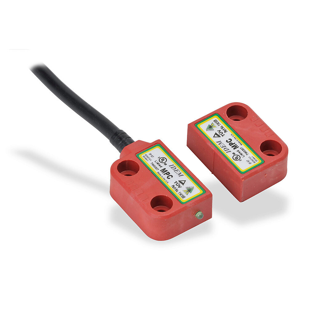 MPC-114105 - IDEM safety switch set, non-contact coded magnetic, right exit mount, (2) N.C. safety output(s), (1) N.O. monitoring output(s), plastic housing, 36 x 26mm, pigtail, 6.5ft/2m cable length.