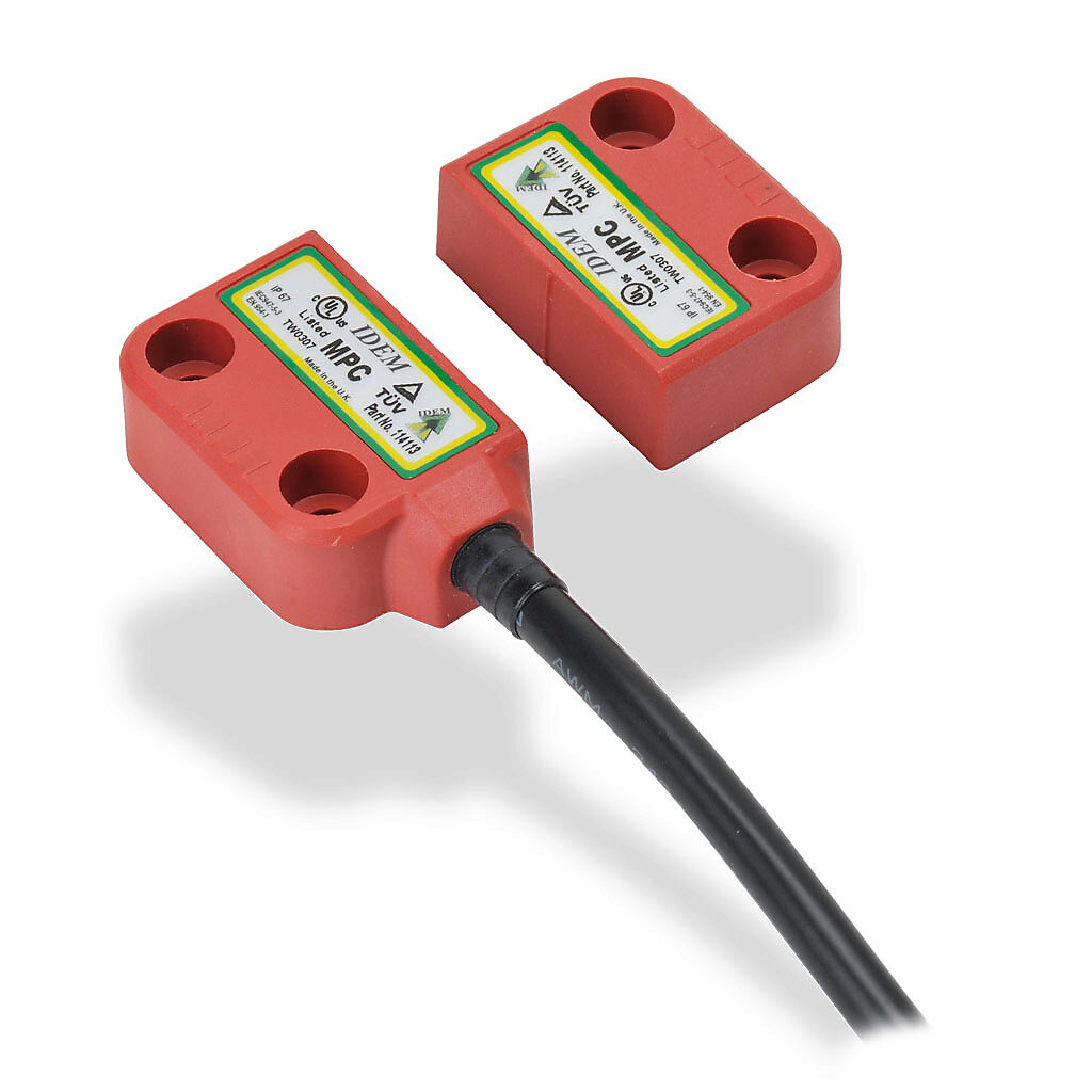 MPC-114113 - IDEM safety switch set, non-contact coded magnetic, left exit mount, (2) N.C. safety output(s), (1) N.O. monitoring output(s), plastic housing, 36 x 26mm, pigtail, 6.5ft/2m cable length.
