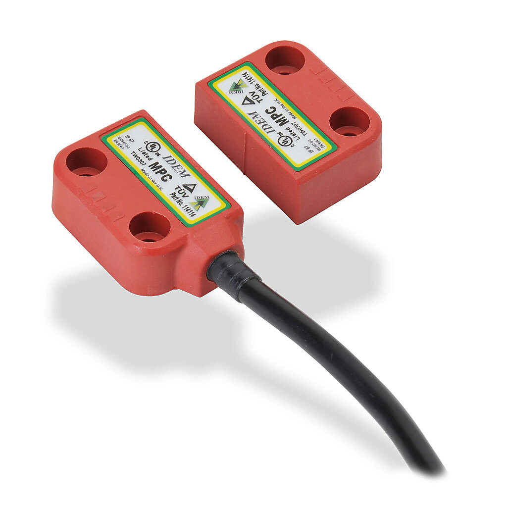 MPC-114114 - IDEM safety switch set, non-contact coded magnetic, left exit mount, (2) N.C. safety output(s), (1) N.O. monitoring output(s), plastic housing, 36 x 26mm, pigtail, 16.4ft/5m cable length.