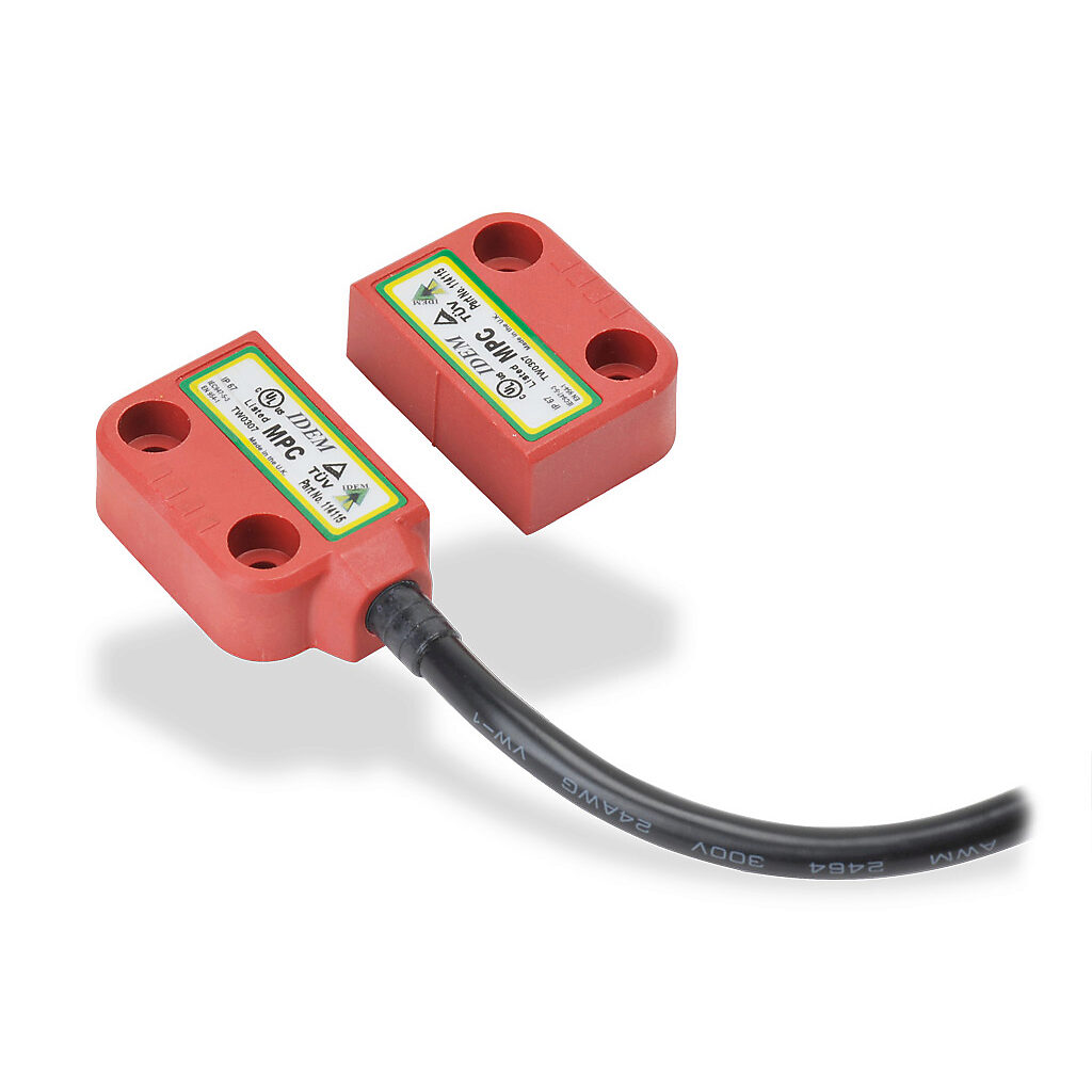 MPC-114115 - IDEM safety switch set, non-contact coded magnetic, left exit mount, (2) N.C. safety output(s), (1) N.O. monitoring output(s), plastic housing, 36 x 26mm, pigtail, 32.8ft/10m cable length.