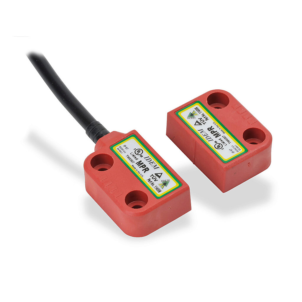 MPR-114006 - IDEM safety switch set, non-contact magnetic, right exit mount, (2) N.C. safety output(s), (1) N.O. monitoring output(s), plastic housing, 36 x 26mm, pigtail, 16.4ft/5m cable length.