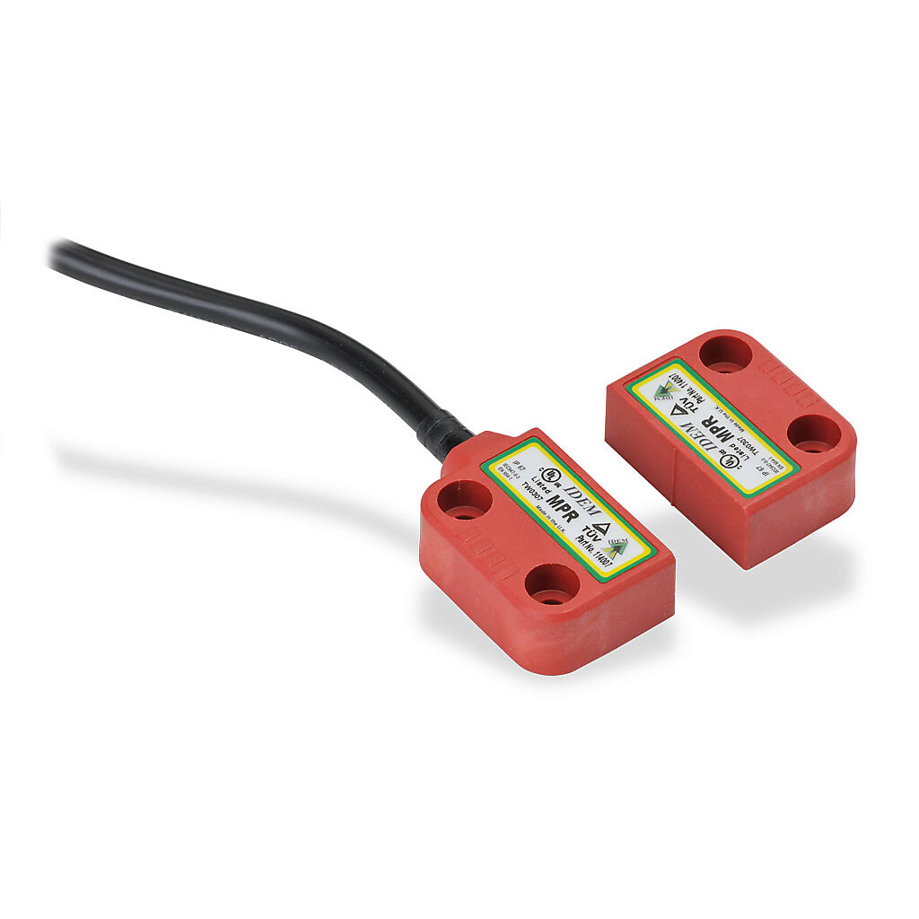 MPR-114007 - IDEM safety switch set, non-contact magnetic, right exit mount, (2) N.C. safety output(s), (1) N.O. monitoring output(s), plastic housing, 36 x 26mm, pigtail, 32.8ft/10m cable length.