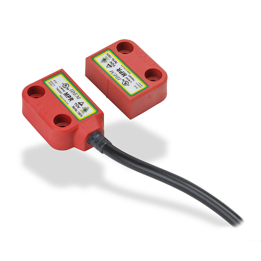 MPR-114014 - IDEM safety switch set, non-contact magnetic, left exit mount, (2) N.C. safety output(s), (1) N.O. monitoring output(s), plastic housing, 36 x 26mm, pigtail, 16.4ft/5m cable length.