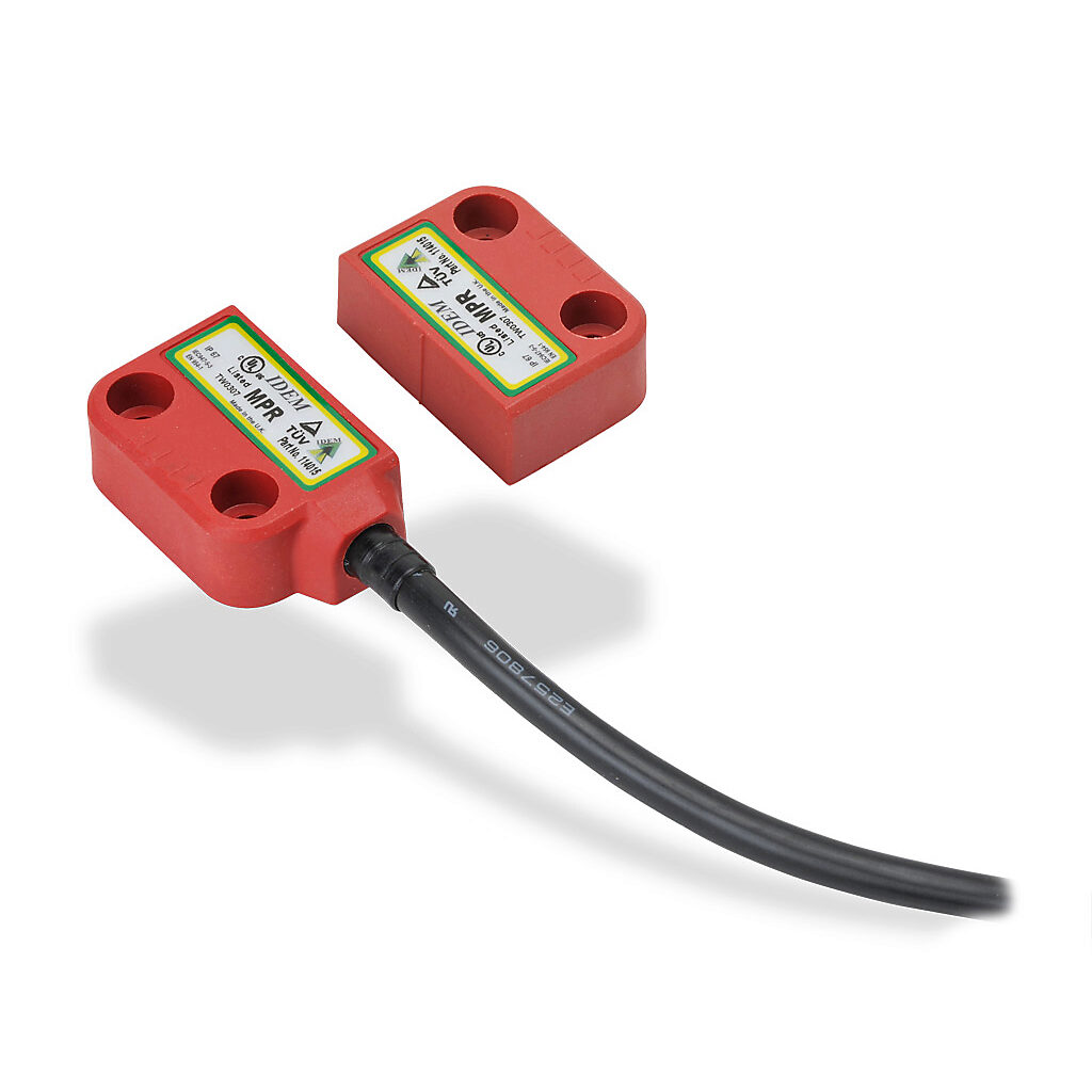 MPR-114015 - IDEM safety switch set, non-contact magnetic, left exit mount, (2) N.C. safety output(s), (1) N.O. monitoring output(s), plastic housing, 36 x 26mm, pigtail, 32.8ft/10m cable length.
