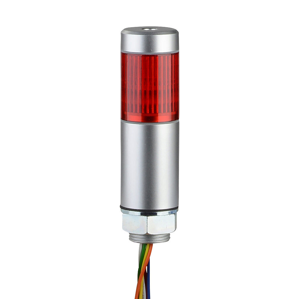 MPS-102-R - Patlite LED signal tower, (1) tier, 30mm diameter, red, permanent light function, 24 VAC/VDC, NPN/PNP polarity, colored lens, 45mm body length, silver, 360 degree viewing angle, base mount, IP65.