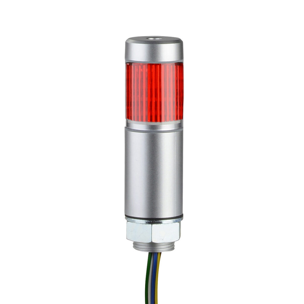 MPS-102-RZ - Patlite LED signal tower, (1) tier, 30mm diameter, red, permanent light function, 24 VAC/VDC, NPN/PNP polarity, clear lens, 45mm body length, silver, 360 degree viewing angle, base mount, IP65.