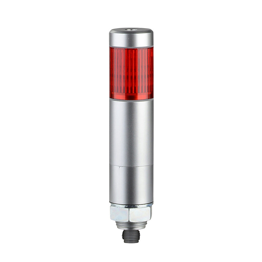 MPS-102C-R - Patlite LED signal tower, (1) tier, 30mm diameter, red, permanent light function, 24 VDC, NPN/PNP polarity, colored lens, 68mm body length, silver, 360 degree viewing angle, base mount, IP65.