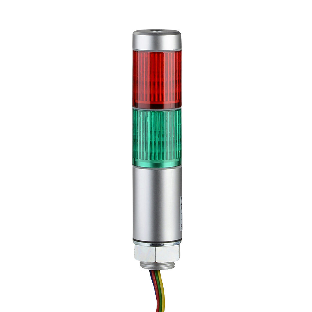MPS-202-RG - Patlite LED signal tower, (2) tiers, 30mm diameter, red/green, permanent light function, 24 VAC/VDC, NPN/PNP polarity, colored lens, 45mm body length, silver, 360 degree viewing angle, base mount, IP65.