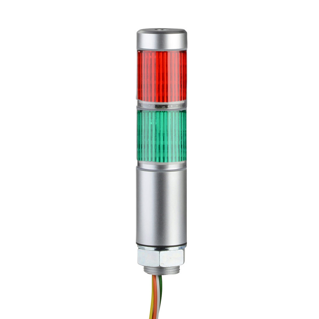 MPS-202-RGZ - Patlite LED signal tower, (2) tiers, 30mm diameter, red/green, permanent light function, 24 VAC/VDC, NPN/PNP polarity, clear lens, 45mm body length, silver, 360 degree viewing angle, base mount, IP65.