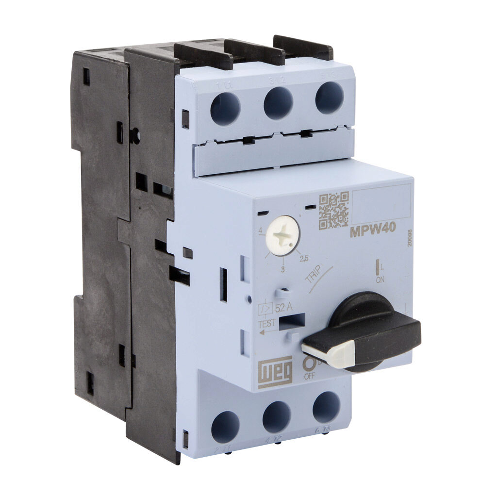 MPW40-3-U004 - WEG Electric MPW40 series manual motor protector, rotary, 4A, thermal overload, 2.5-4.0A adjustable, 52A instantaneous trip rating, open, 45mm frame.